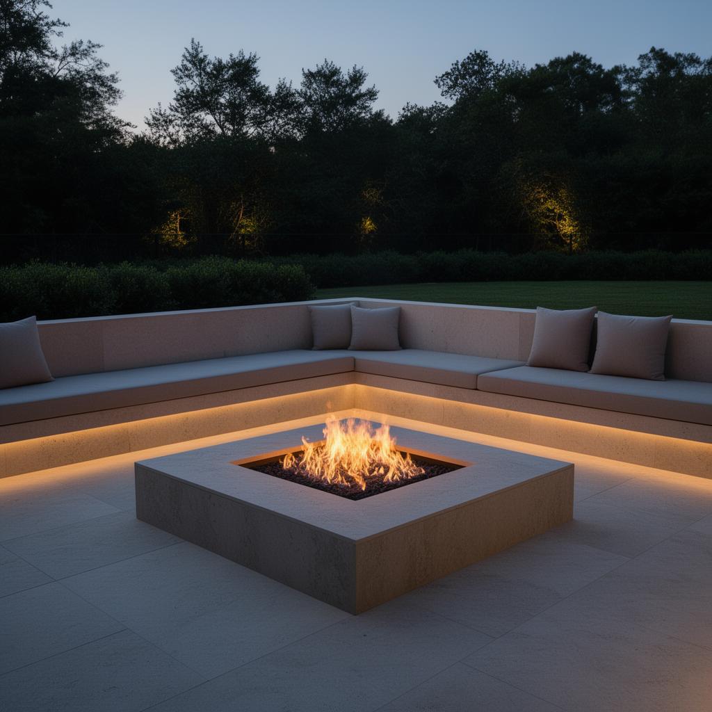 Sunken stone fire pit with built-in seating