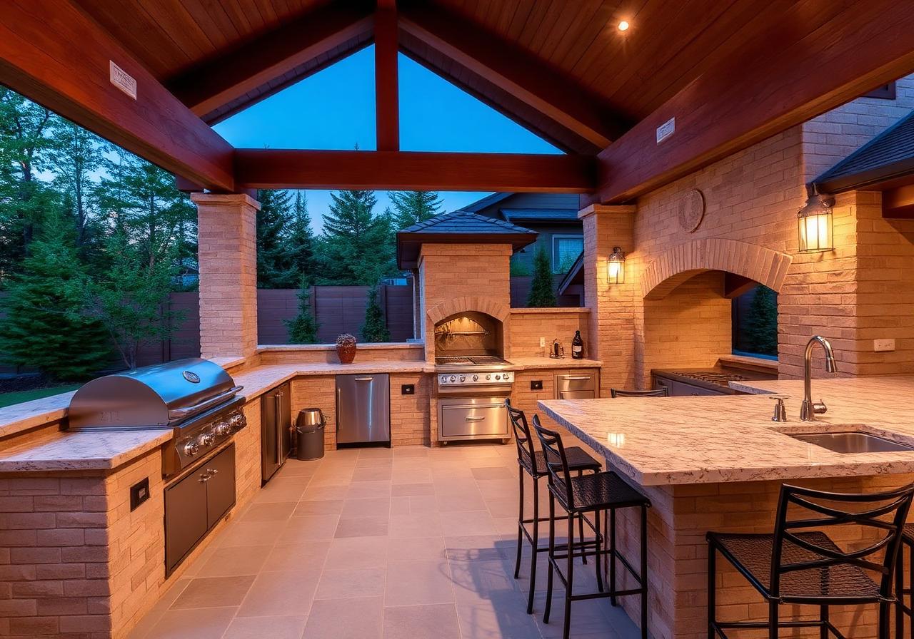 Luxury outdoor kitchen with timber ceiling