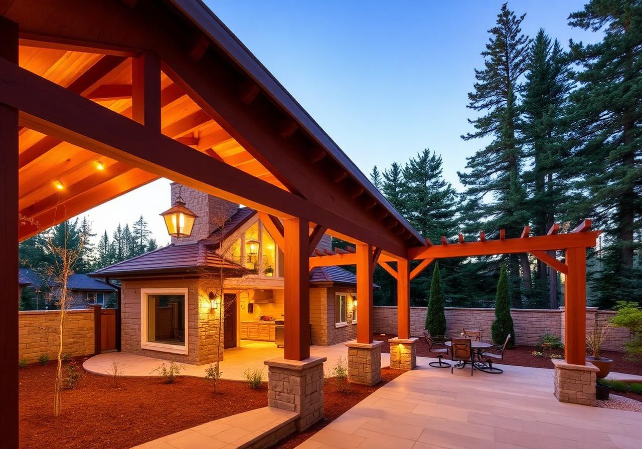 Custom Douglas fir timber patio cover with exposed joinery