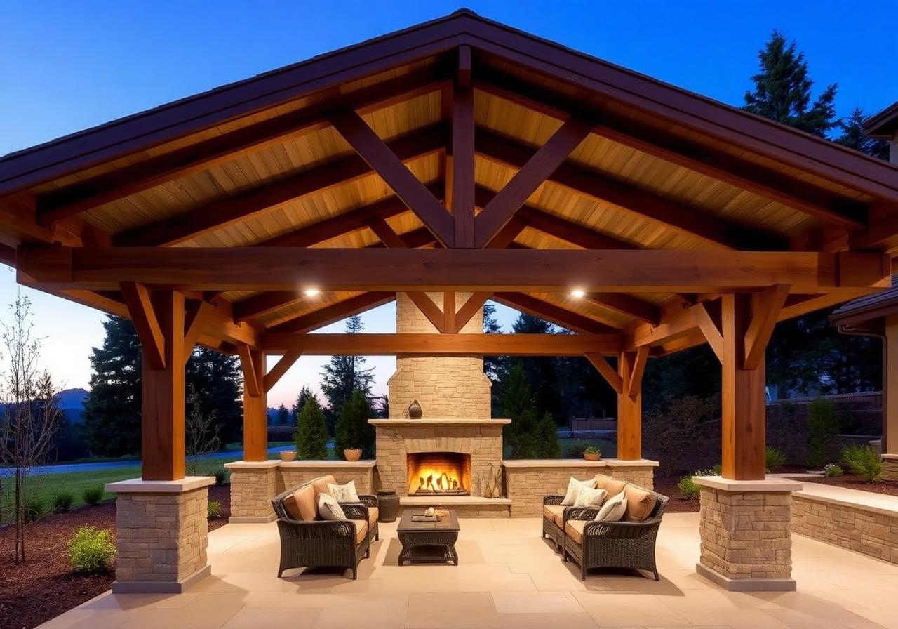 Douglas fir pavilion with stone fireplace