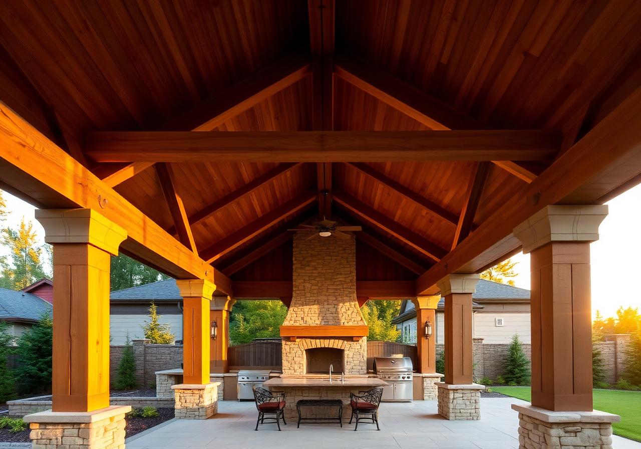 Vaulted Douglas fir patio cover with stained ceiling and stone columns