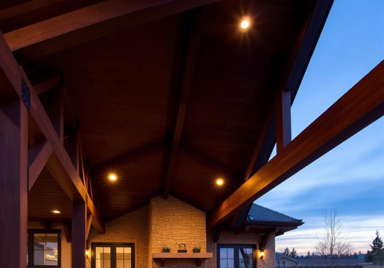 Dark stained Douglas fir patio cover with recessed lighting at dusk