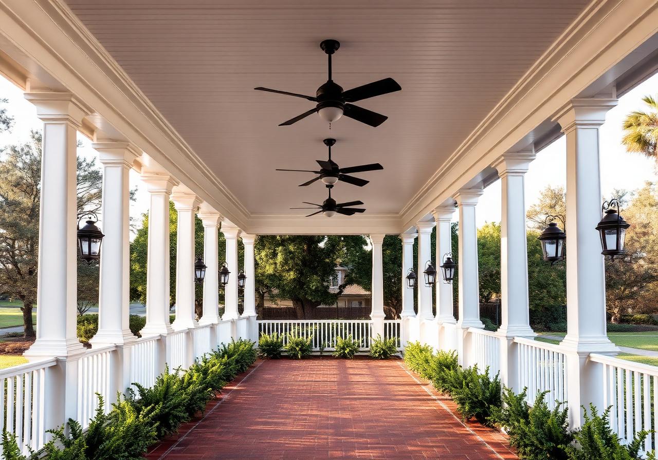 Painted white covered patio with lanterns and ceiling fans