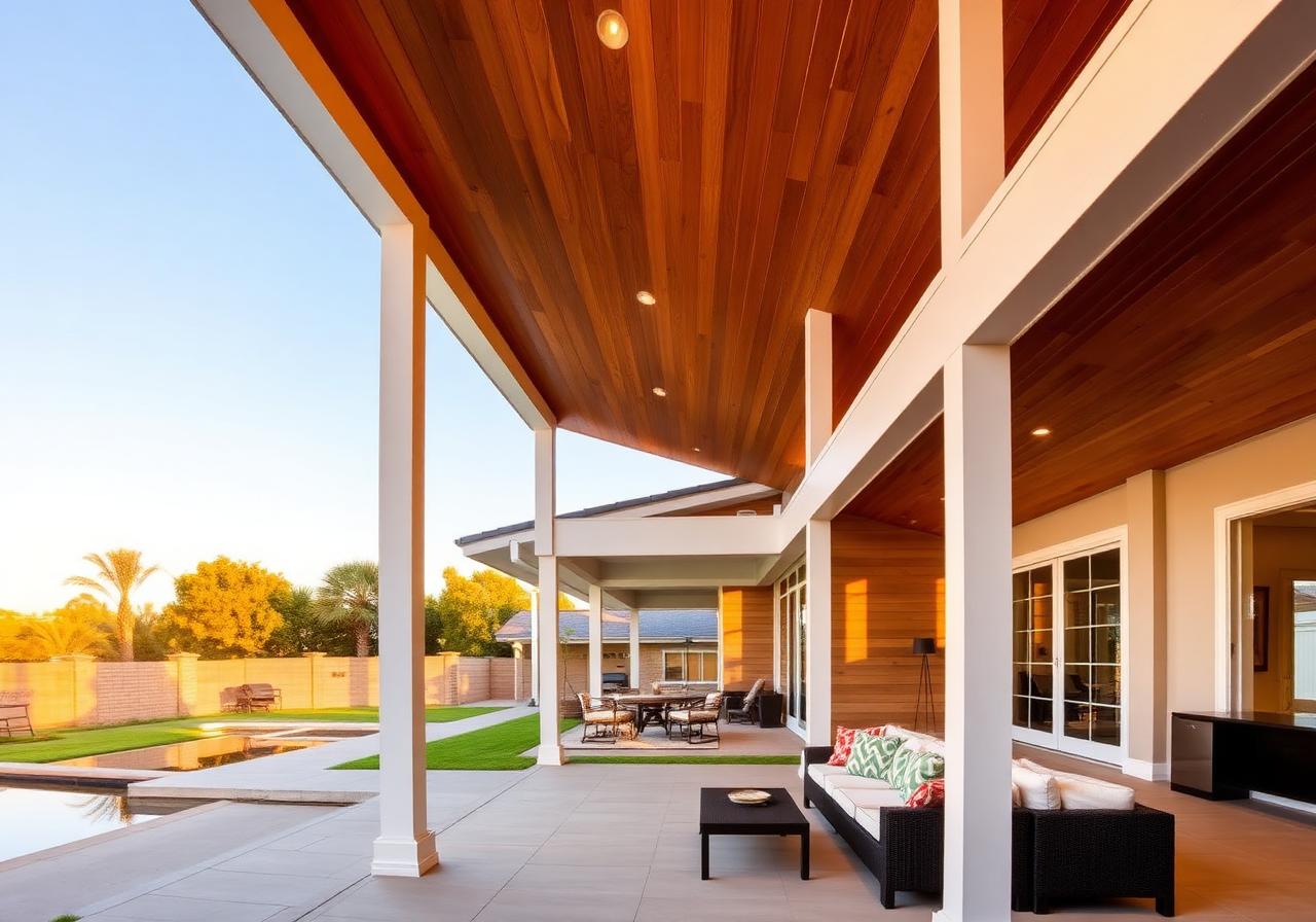 Modern painted patio cover with stained wood plank ceiling