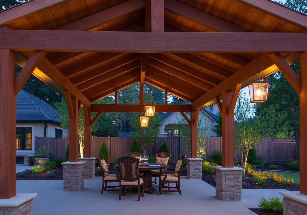 Douglas fir pergola dining pavilion at dusk