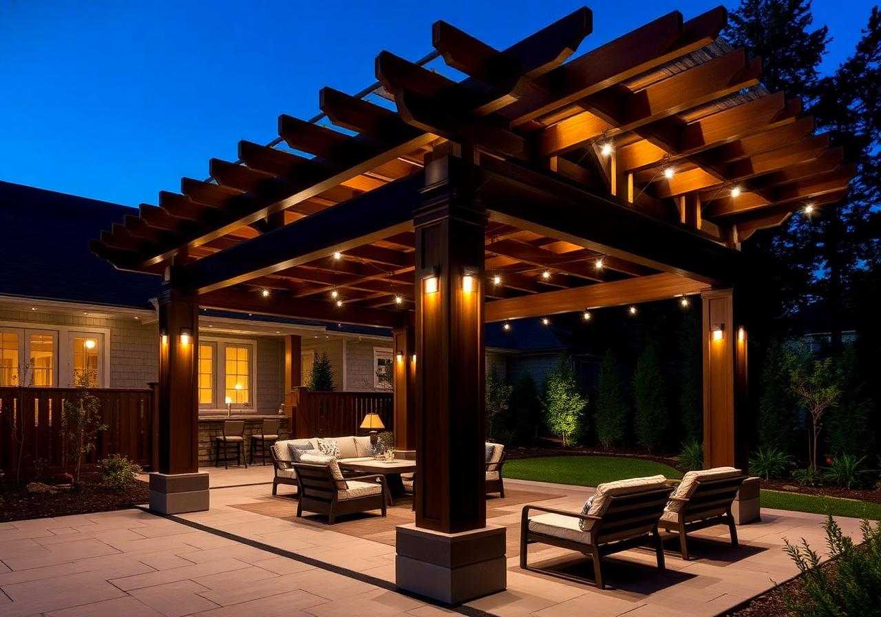 Stained dark walnut pergola with downlights and string lights at night