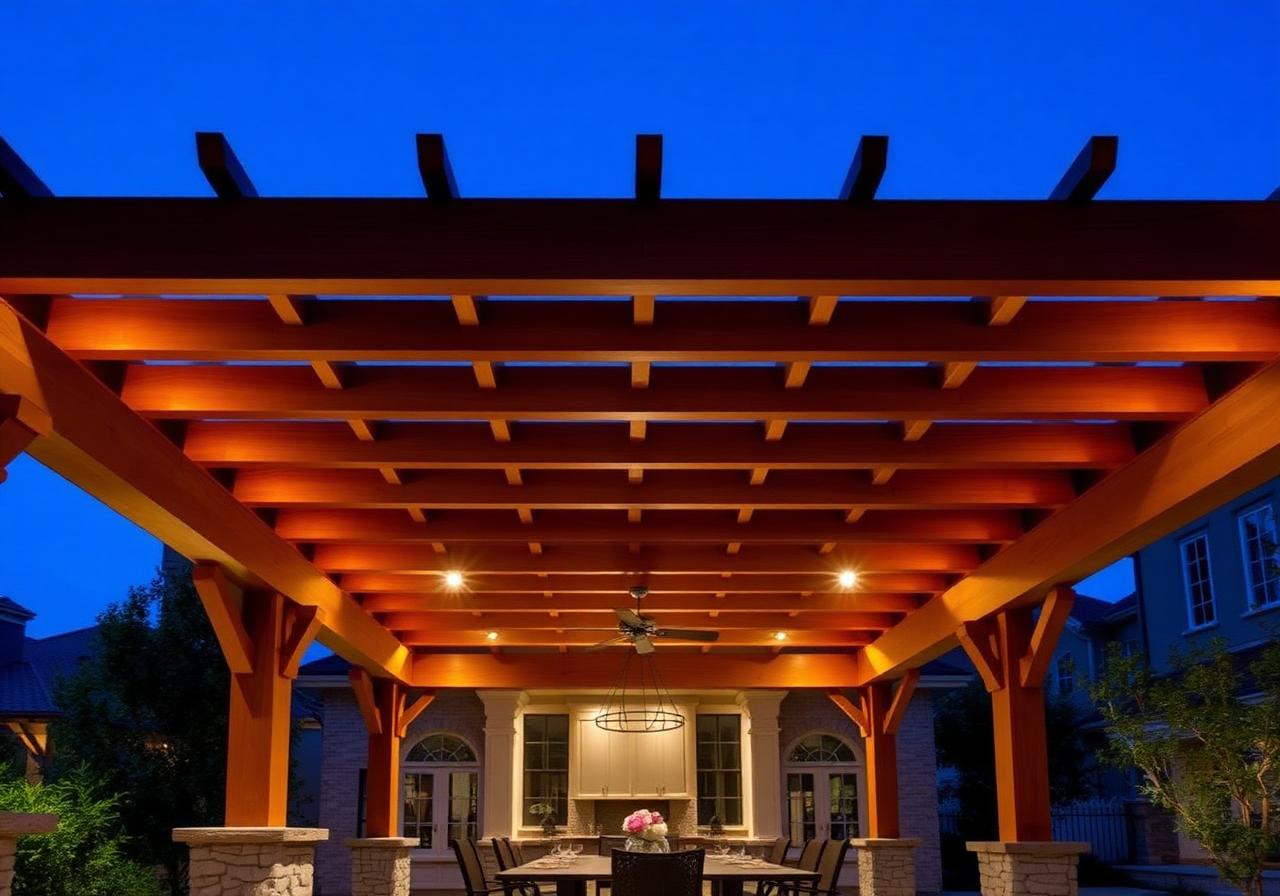 Stained cedar pergola with integrated soffit lighting at blue hour