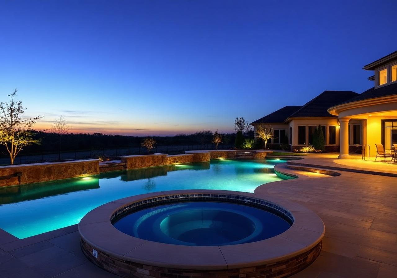 Custom infinity edge swimming pool at twilight