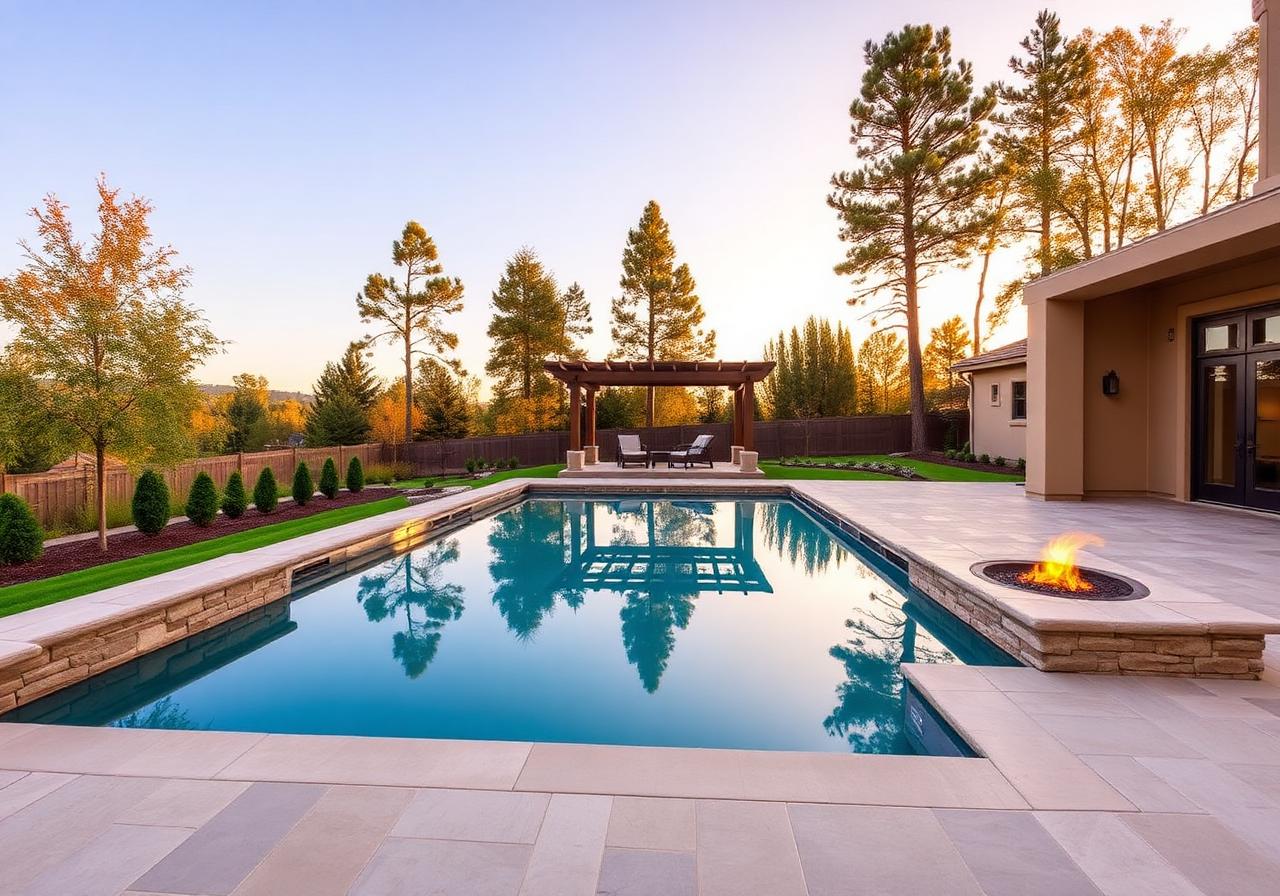 Custom rectangular pool with fire bowls