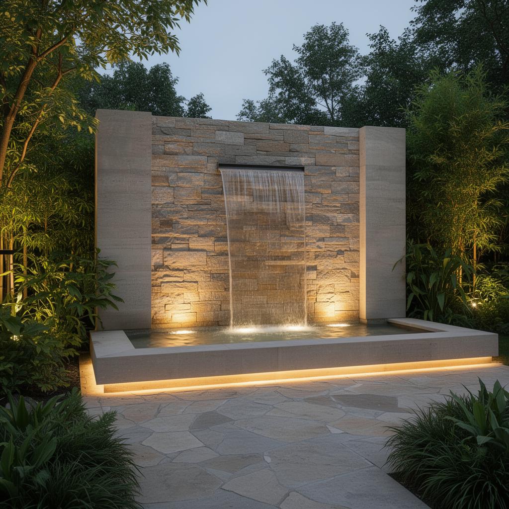 Modern stone water feature with cascading water